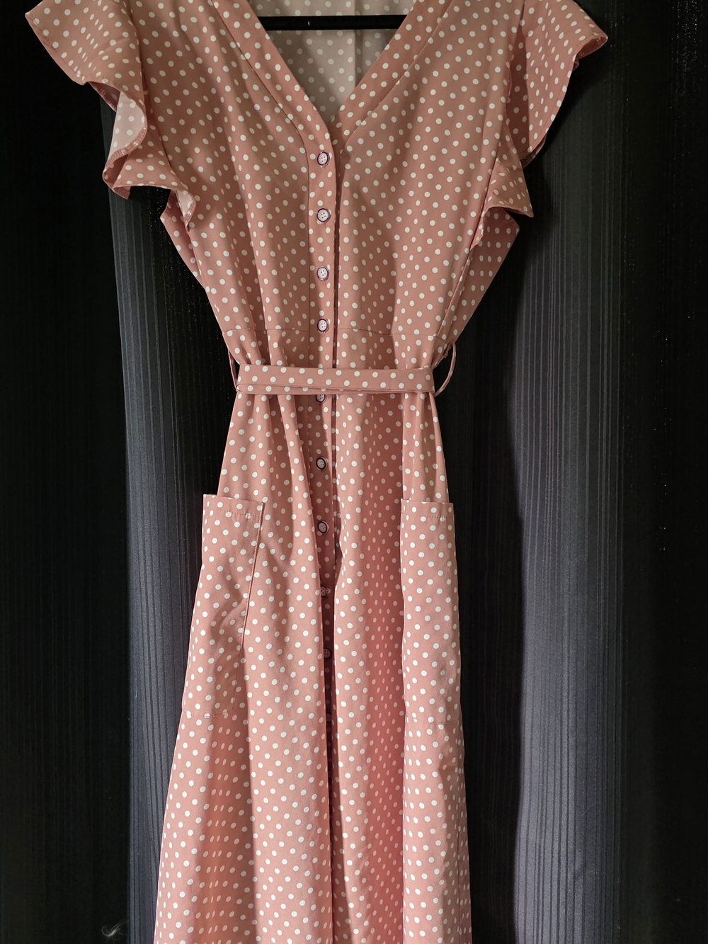 Polka Dot Flutter Sleeve Dress in Dusty Rose